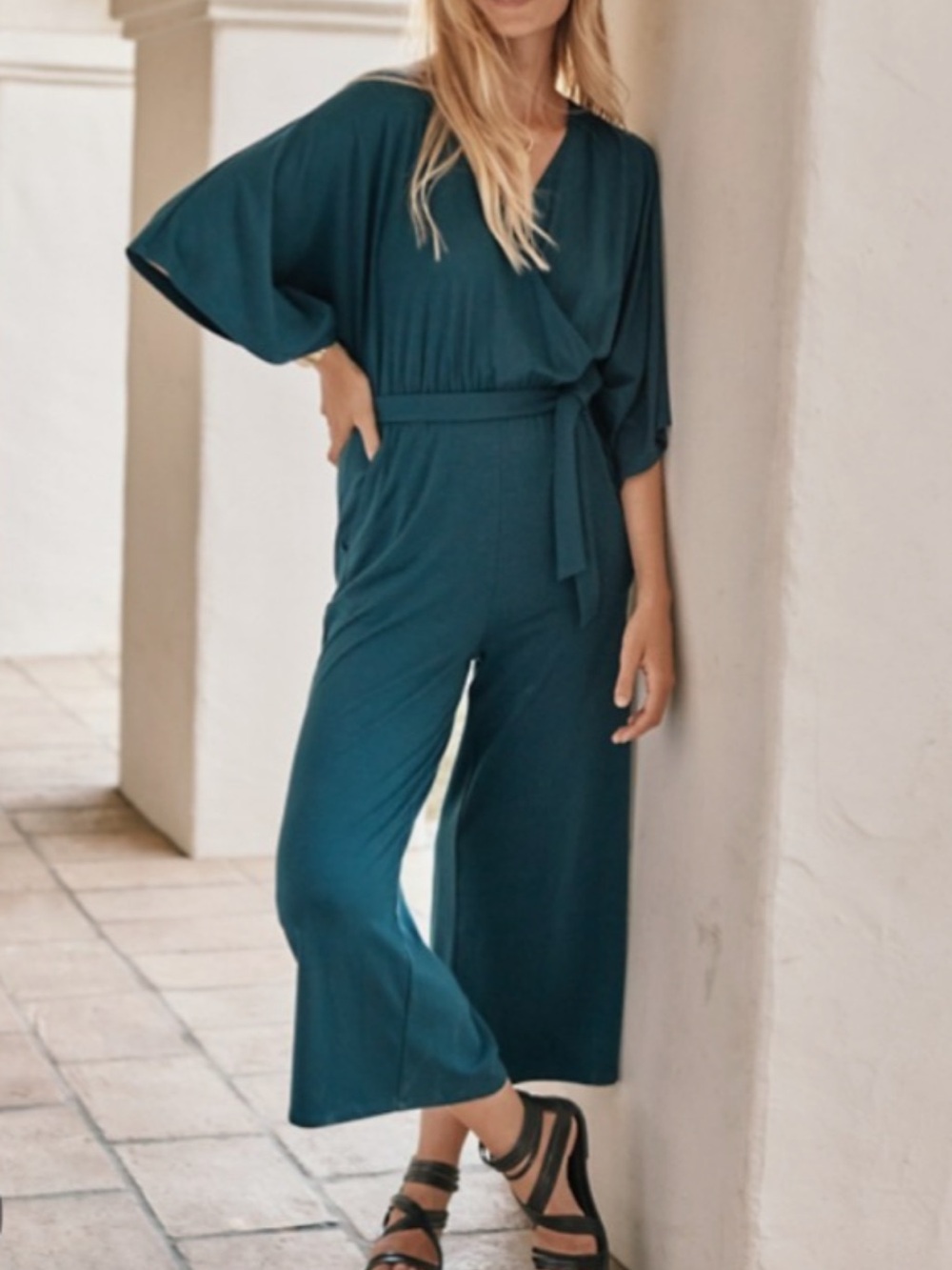 NWT Garnet Hill Teal Kimono Sleeve Wide-Leg Lyocell Jumpsuit with Tie Waist Sz L